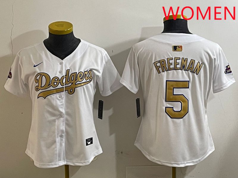 Women Los Angeles Dodgers #5 Freeman White Champion gold character 2025 Nike MLB Jersey style 412->women mlb jersey->Women Jersey